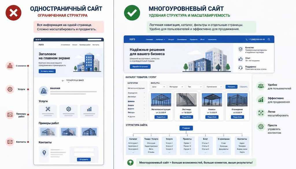 Сравнение одностраничного лендинга на Tilda и многостраничного сайта для SEO почему лендинг не подходит для продвижения по широкой номенклатуре товаров